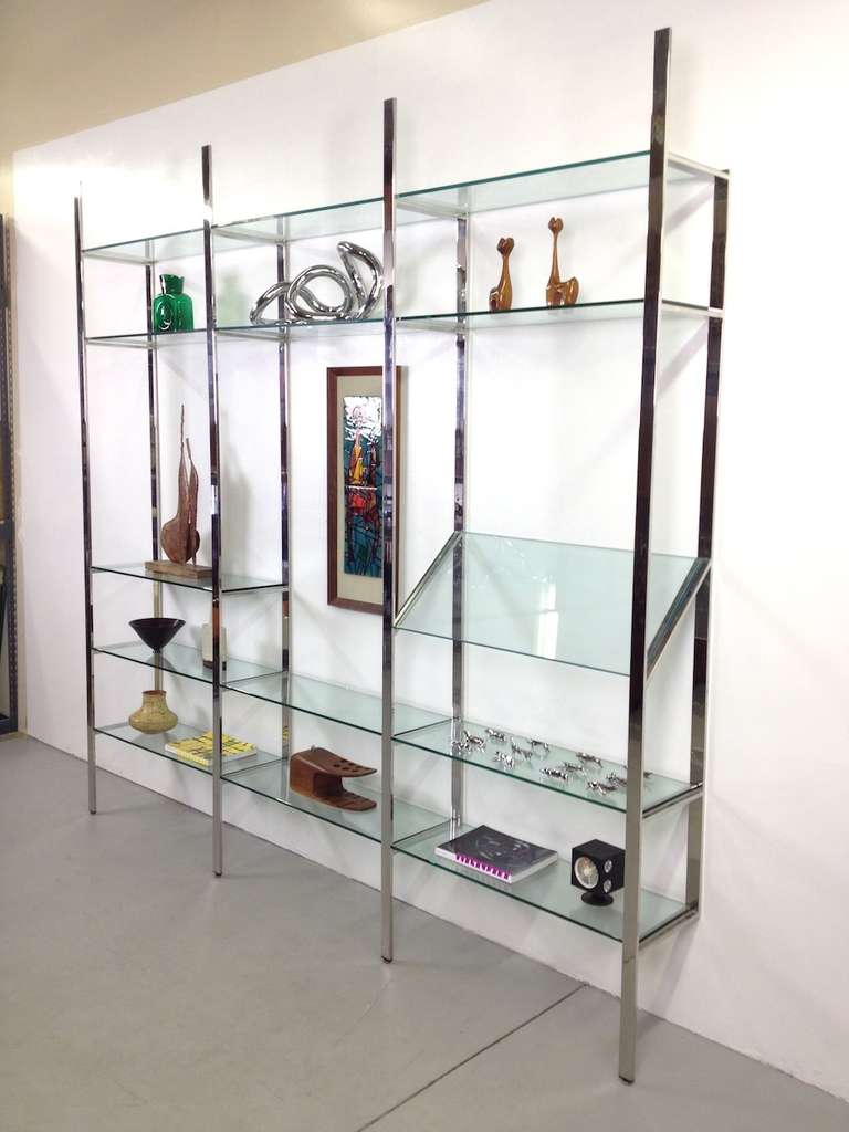 3 Section Flat Bar Chrome and Glass Wall Unit by Milo Baughman for Thayer Coggin
