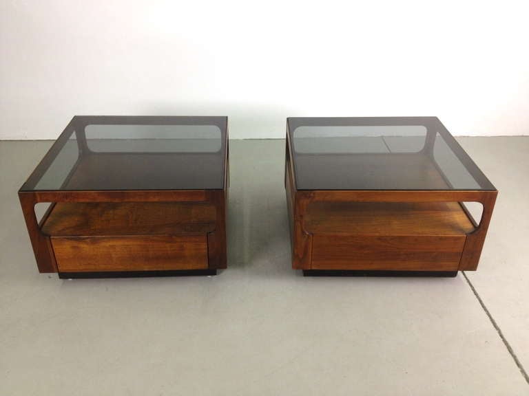 American Pair Brown Saltman Walnut and Smoked Glass End Tables w/ Drawers by John Keal