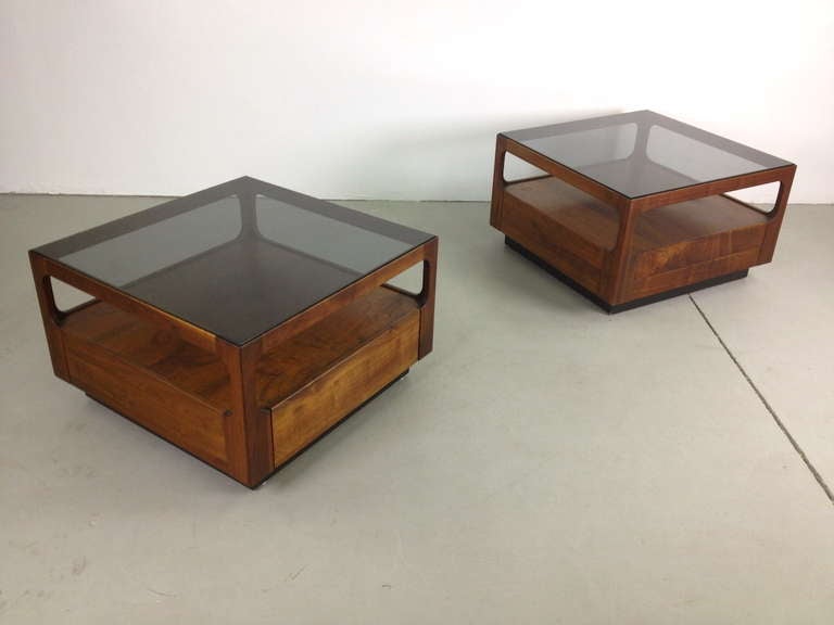 Pair Brown Saltman Walnut and Smoked Glass End Tables w/ Drawers by John Keal In Good Condition In Long Beach, CA