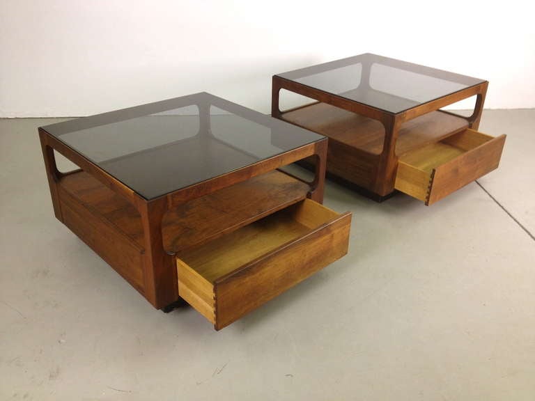 Mid-20th Century Pair Brown Saltman Walnut and Smoked Glass End Tables w/ Drawers by John Keal
