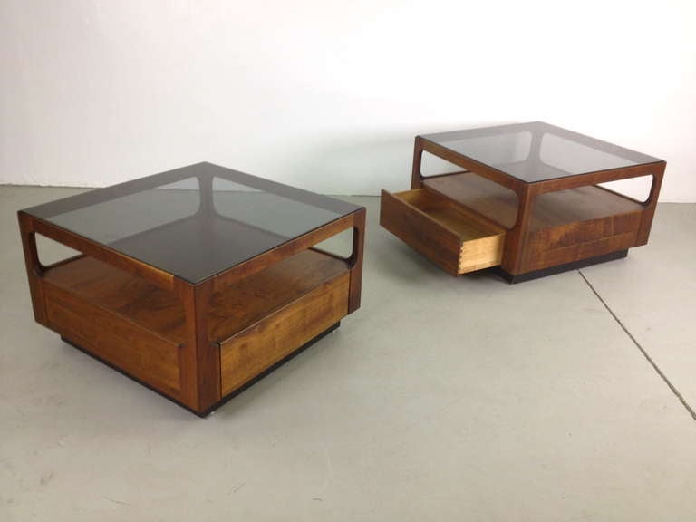 Pair Brown Saltman Walnut and Smoked Glass End Tables w/ Drawers by John Keal 1