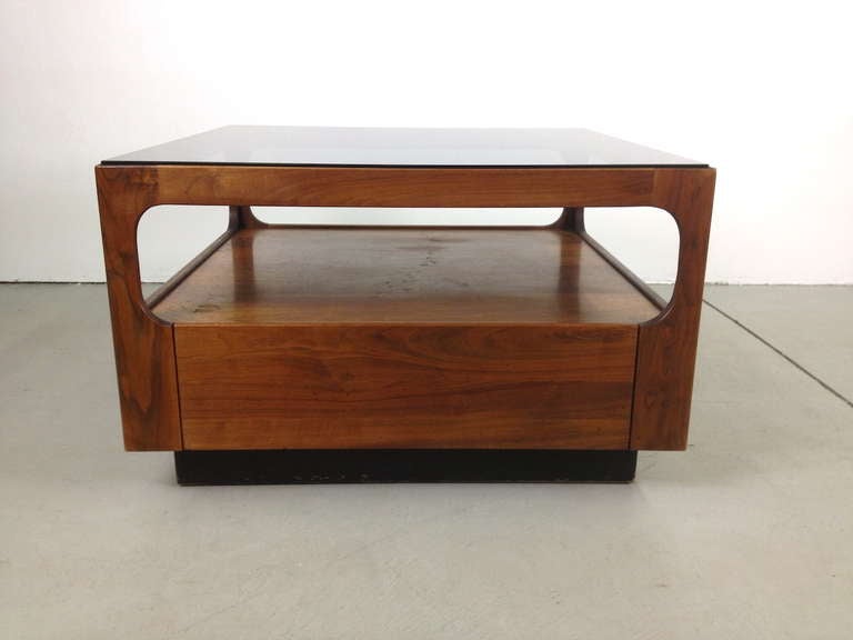 Pair Brown Saltman Walnut and Smoked Glass End Tables w/ Drawers by John Keal 3