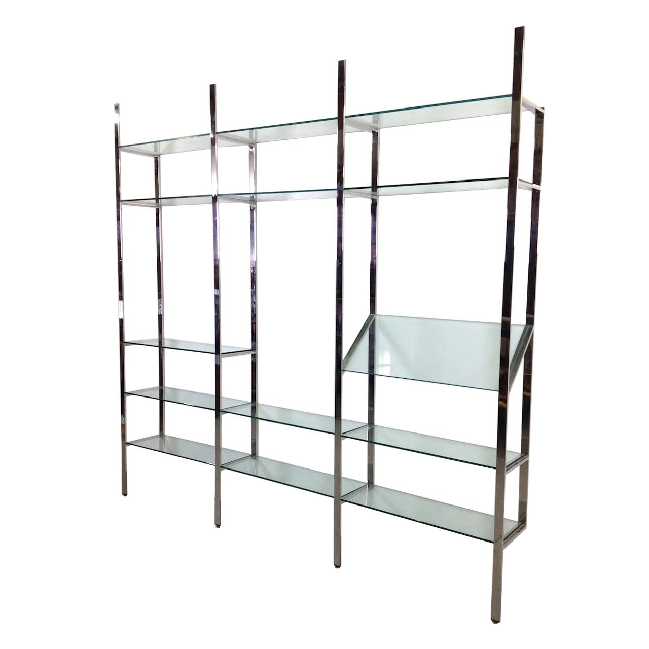 3 Section Flat Bar Chrome and Glass Wall Unit by Milo Baughman for Thayer Coggin