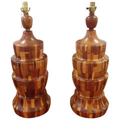 Retro Beautiful Pair of Handcrafted Laminated Wood Table Lamps
