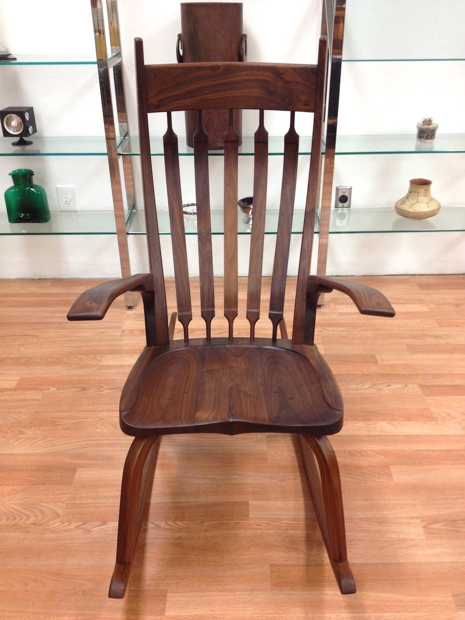 Beautiful Hand Crafted Studio Rocking Chair by California Craftsman Lyle Otten.  C. 2014.  Excellent condition with some minor imperfections as pictured.  very minor hairline near 2nd pin on left side of headrest is firm and not notable.  Signed
