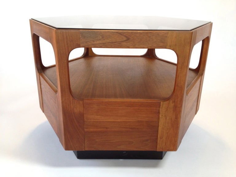 Hexagonal Walnut and Smoked Glass Side Table by John Keal for Brown Saltman