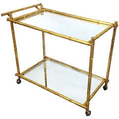 Gilt Metal Faux Bamboo Serving Cart with Mirrored Glass Shelves