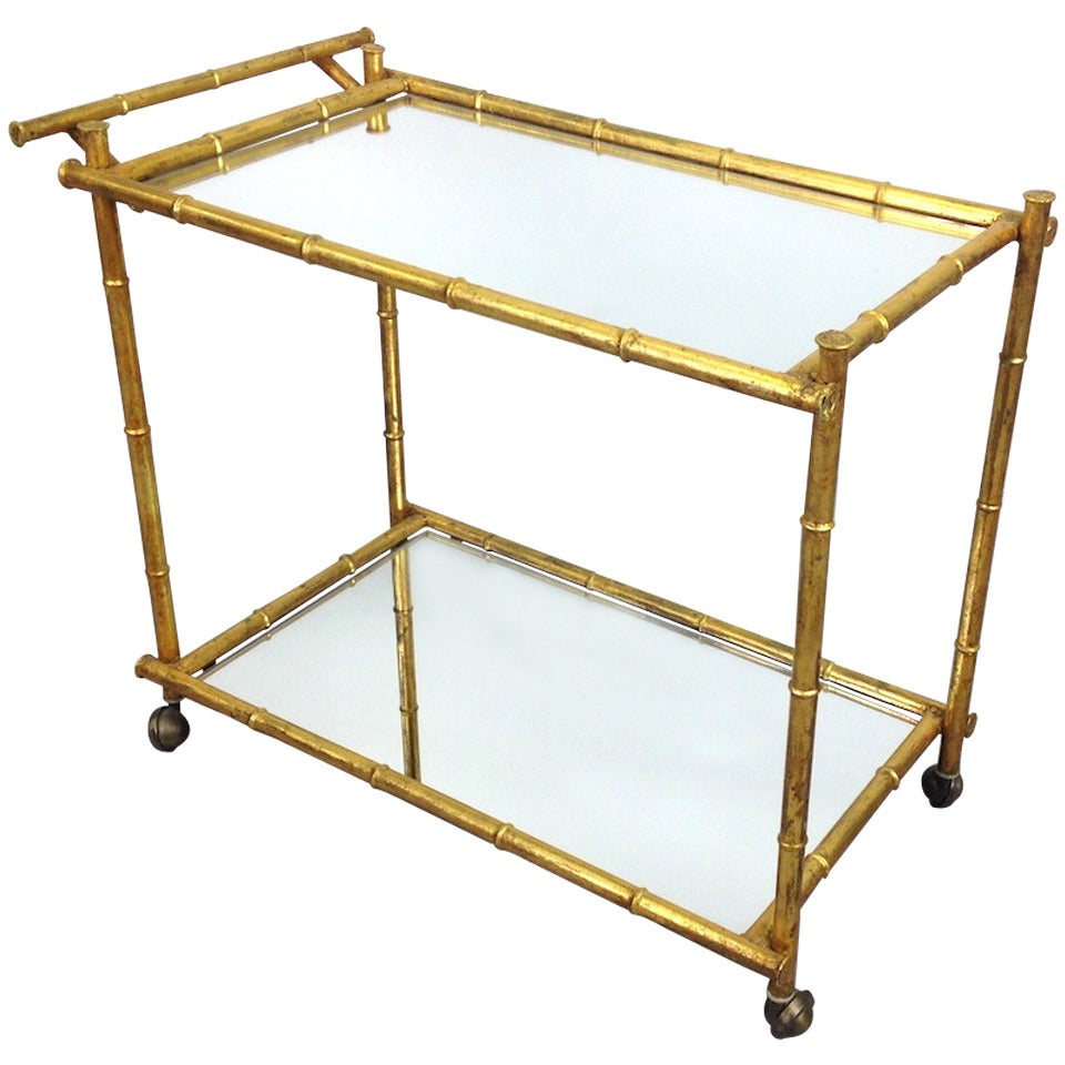 Gilt Metal Faux Bamboo Serving Cart with Mirrored Glass Shelves