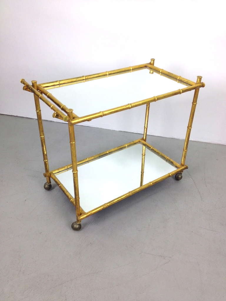 Gilt Metal Faux Bamboo Serving Cart with Mirrored Glass Shelves In Excellent Condition In Long Beach, CA