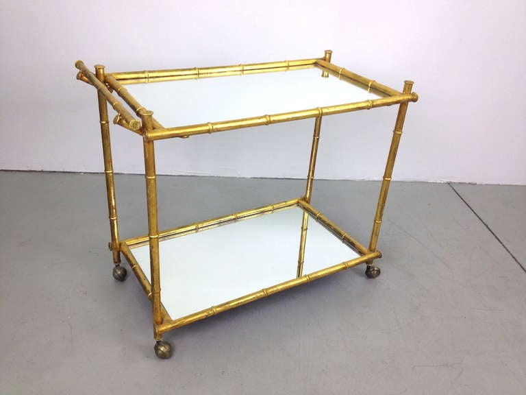 Mid-20th Century Gilt Metal Faux Bamboo Serving Cart with Mirrored Glass Shelves