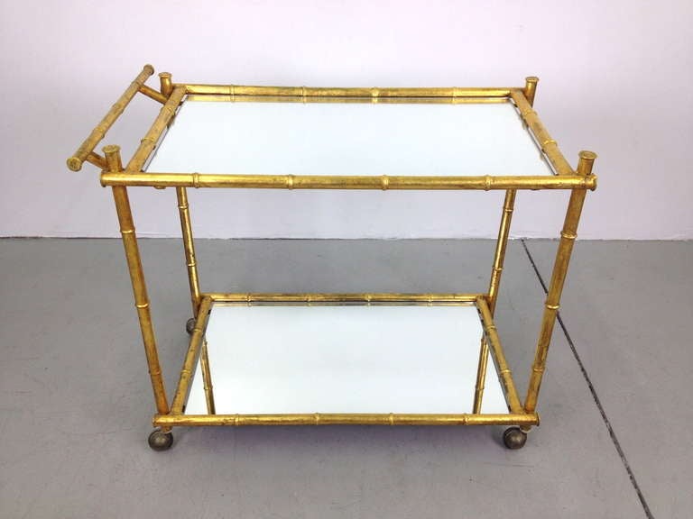 Gilt Metal Faux Bamboo Serving Cart with Mirrored Glass Shelves 1