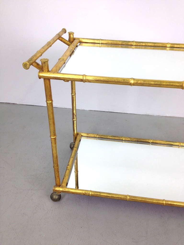 Gilt Metal Faux Bamboo Serving Cart with Mirrored Glass Shelves 2