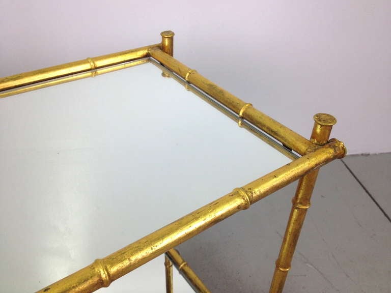 Gilt Metal Faux Bamboo Serving Cart with Mirrored Glass Shelves 4