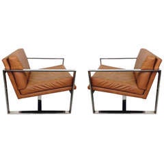 Pair of Milo Baughman Flat Bar Chrome Lounge Chairs with Faux Ostritch Upholstery