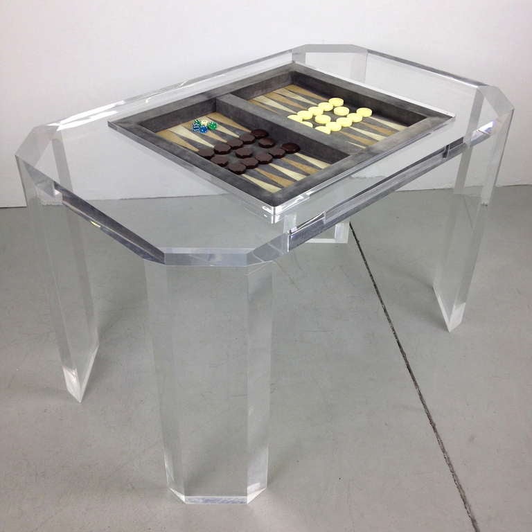 Charles Hollis Jones Lucite Backgammon Game Table.  Notable crazing to lucite from age as pictured.
