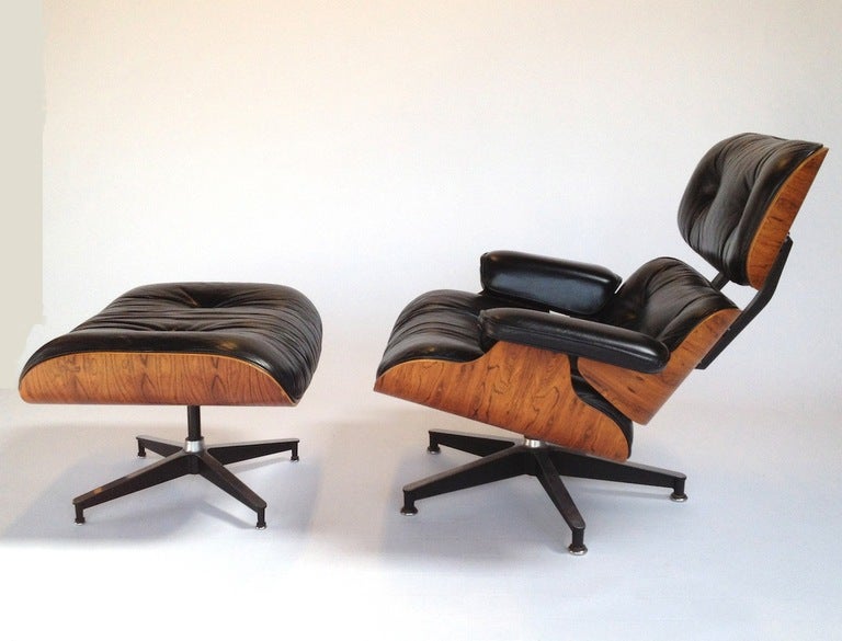 Vintage Herman Miller Rosewood and Black Leather Charles Eames 670/671 Lounge Chair and Ottoman.  Shock Mounts were professionally reinforced under the armrests - this repair is extremely well done and is only visible on close inspection (see image
