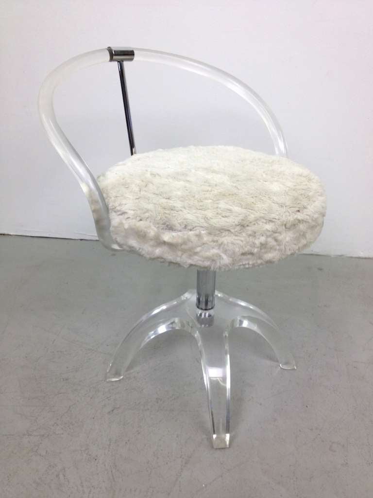 Charles Hollis Jones Lucite and Nickel Swivel Vanity Stool.  Good original condition with age appropriate patina to lucite backrest.