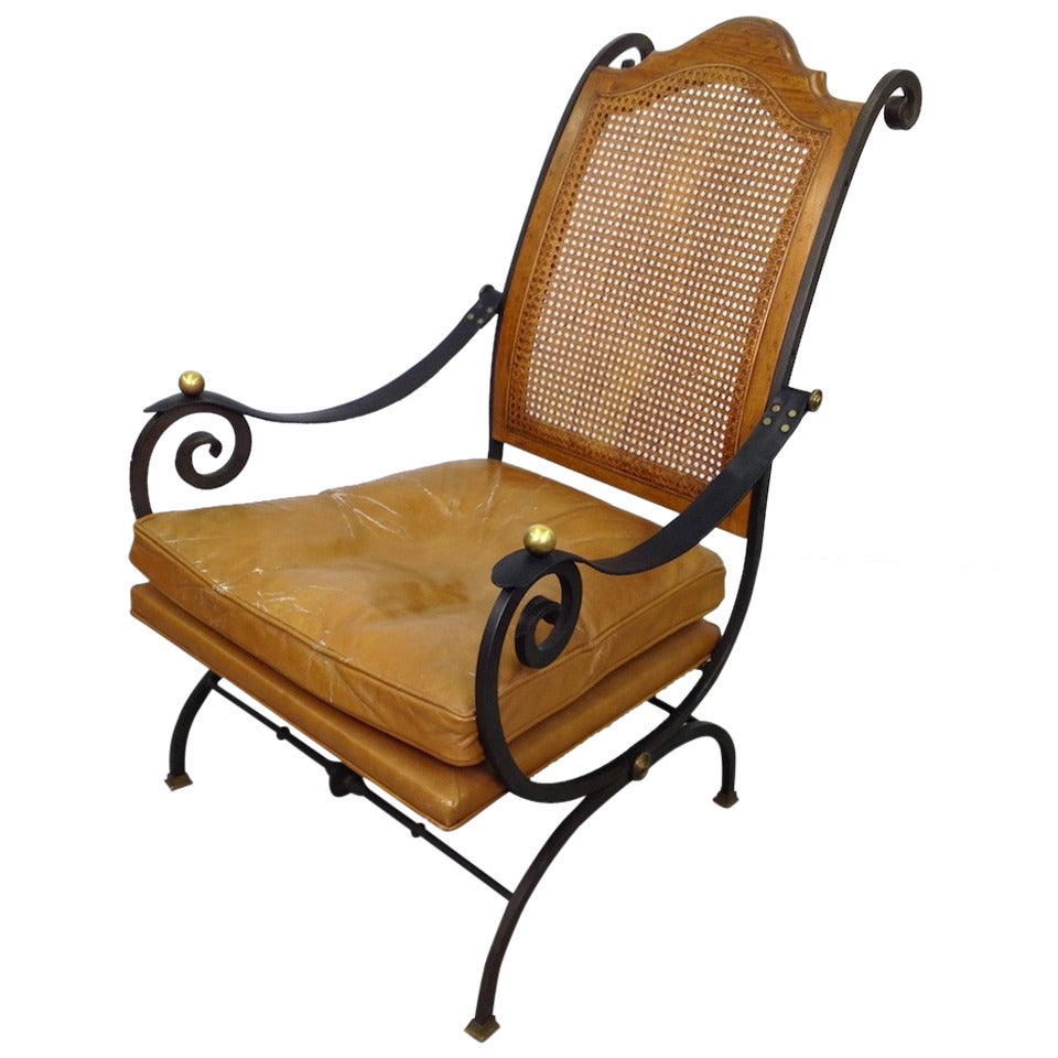 Elegant Iron Wood Brass Leather Wicker Lounge Chair
