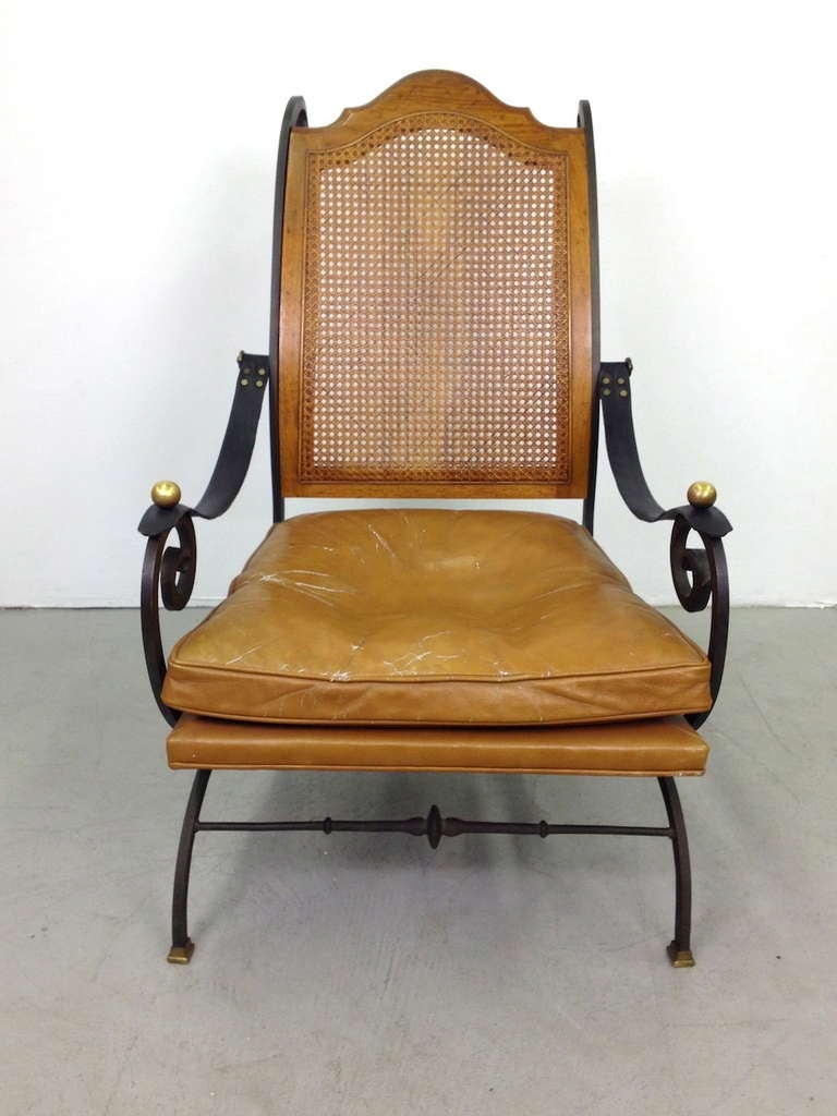 American Elegant Iron Wood Brass Leather Wicker Lounge Chair