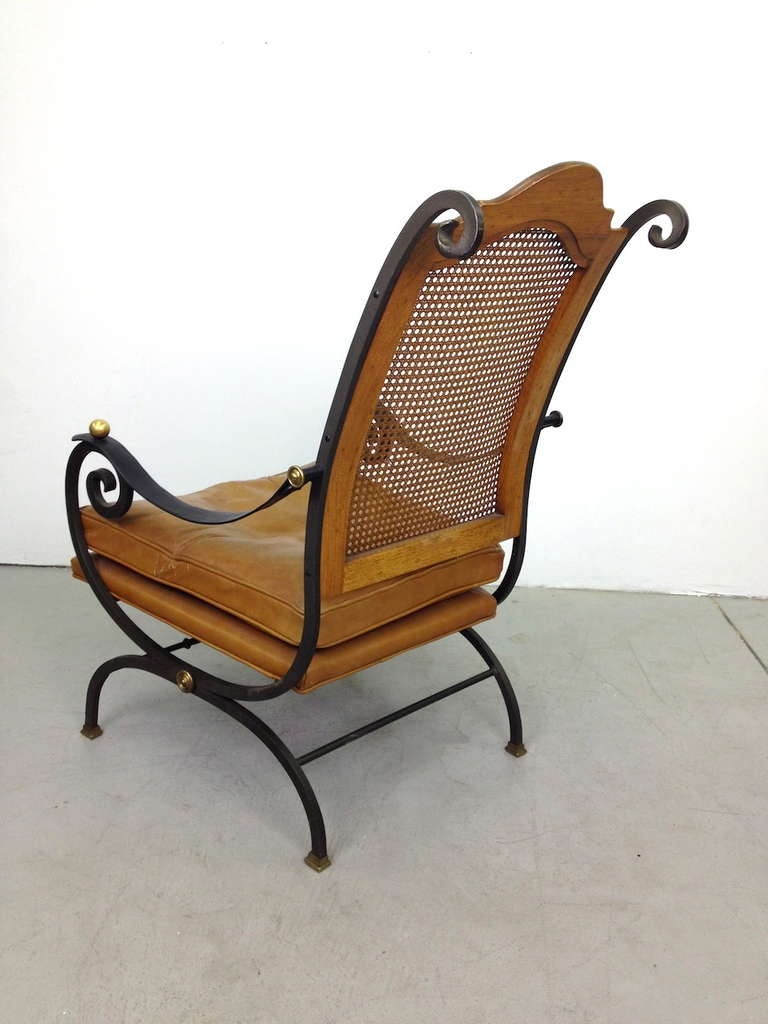 Elegant Iron Wood Brass Leather Wicker Lounge Chair In Good Condition In Long Beach, CA
