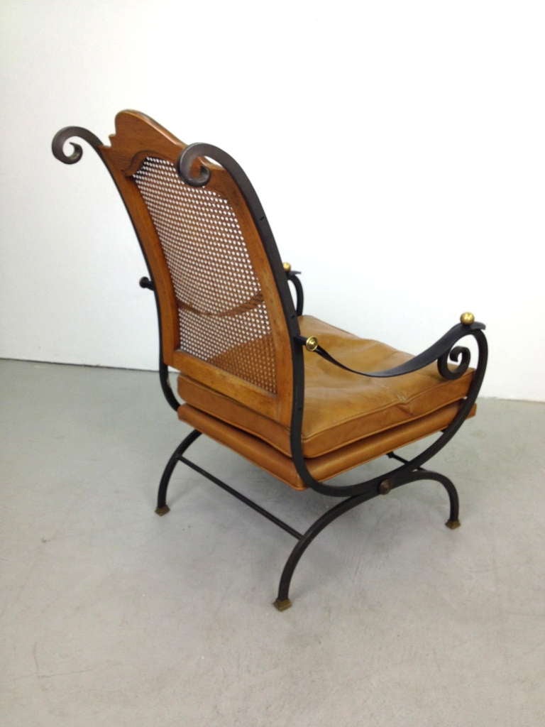Mid-20th Century Elegant Iron Wood Brass Leather Wicker Lounge Chair