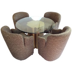 Vintage Modern Dining Set - Glass Top Table + 4 Upholstered Barrel Chairs