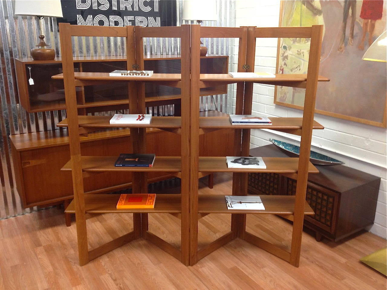 Danish modern teak freestanding room divider bookshelf. Very nice original condition.