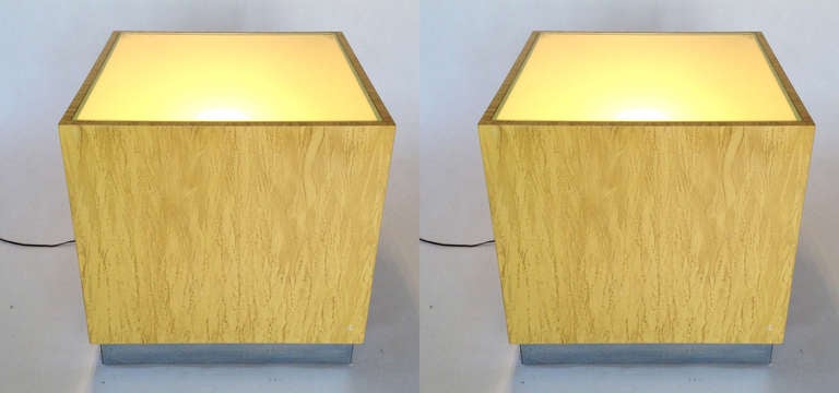 Pair Illuminated Cube End Tables on Chrome Bases Attr. Milo Baughman