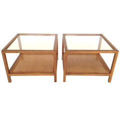 Pair of Paul McCobb Wood Glass and Cane End Tables