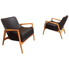 Pair of Black Leather Danish Modern Lounge Chairs by Ib Kofod Larsen