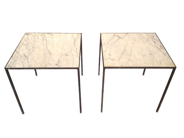 American Pair of Iron End Tables with Marble Tops