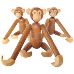 Groupe de 3 singes Zoo Line Danish Modern Kay Bojesen Style Teak Monkeys