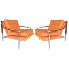 Pair of Milo Baughman Chrome Flat Bar Lounge Chairs for Thayer Coggin