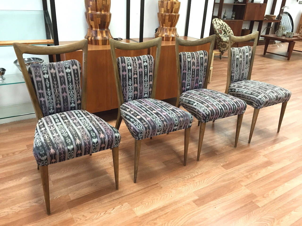 Set of 4 Dining Chairs by Melchiorre Bega.  In original as found condition for restoration.  Matching dining table with 3 leaves also available.