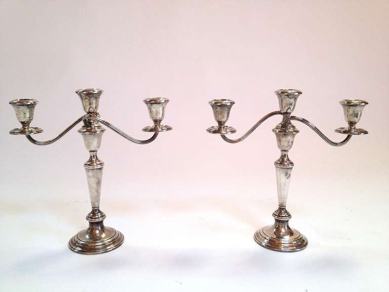 Pair of Vintage Gorham 808 Weighted Sterling Silver Candelabras.  These have not been polished so there is a light patina from age which should clean up nicely.  