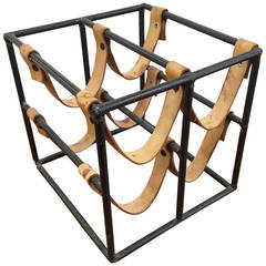 Vintage Iron and Leather Four Bottle Wine Rack by Arthur Umanoff