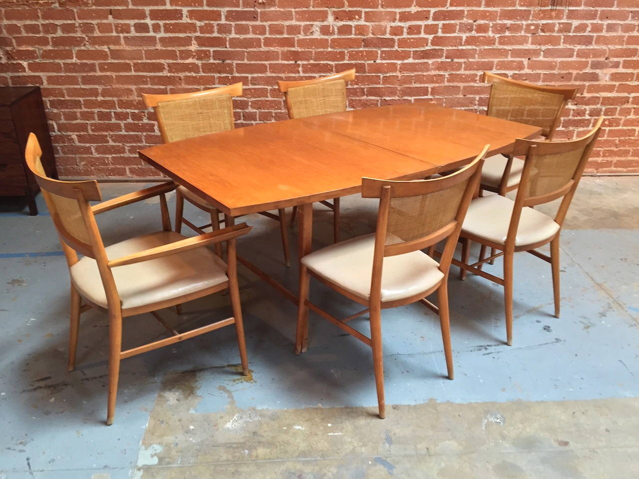 Rare Paul McCobb Planner Group dining set table and six chairs. Sold in original as found condition for restoration. Minor wear as pictured.