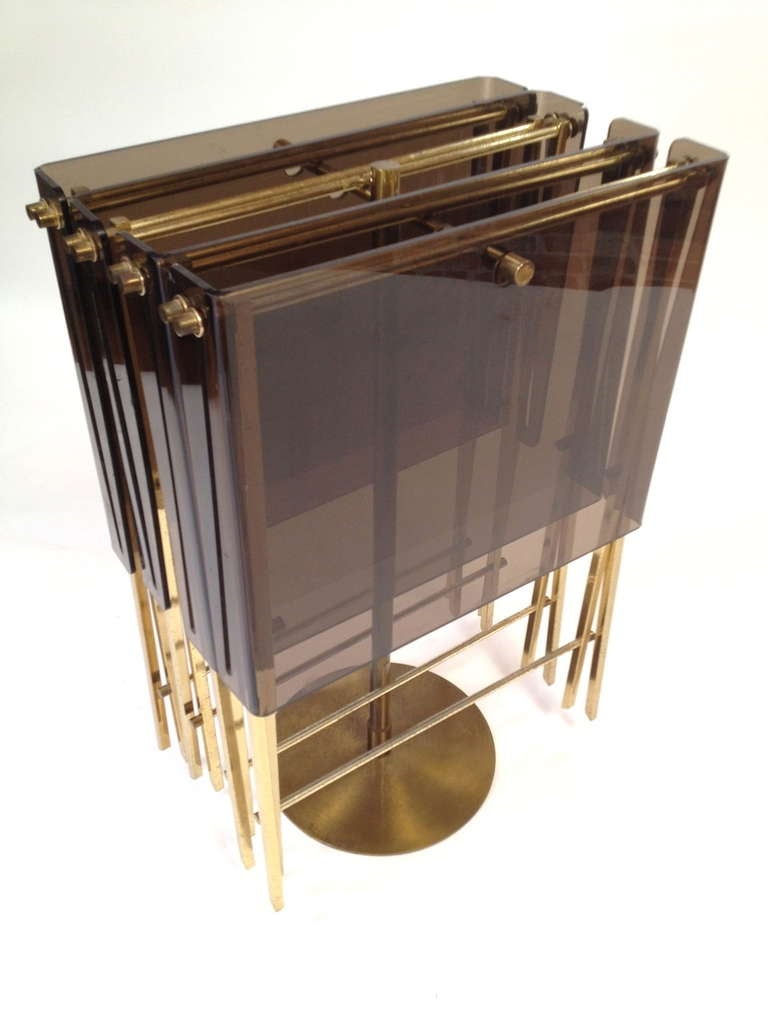 American Set 4 Charles Hollis Jones Brass and Smoked Lucite Folding Tray Serving Tables