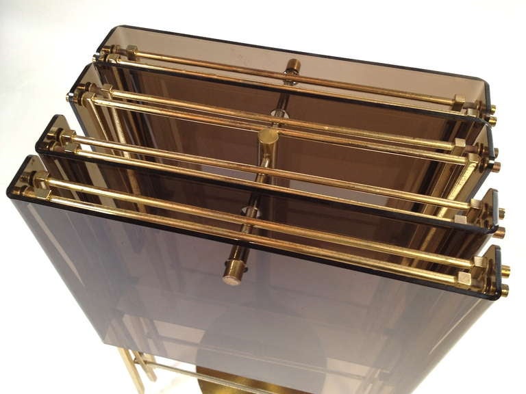 Late 20th Century Set 4 Charles Hollis Jones Brass and Smoked Lucite Folding Tray Serving Tables