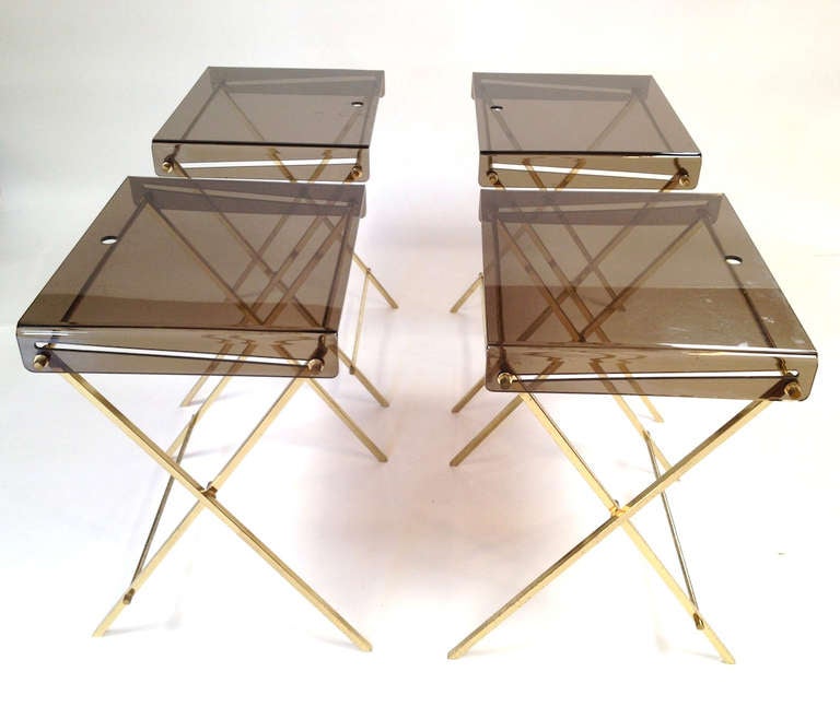 Set 4 Charles Hollis Jones Brass and Smoked Lucite Folding Tray Serving Tables 1