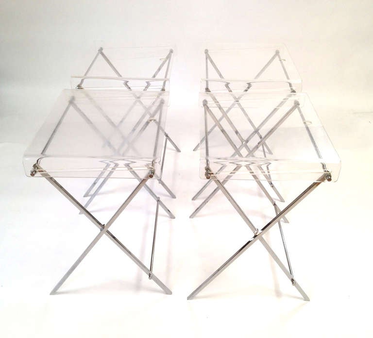 Set 4 Charles Hollis Jones Chrome and Lucite Folding Tray Serving Tables 2