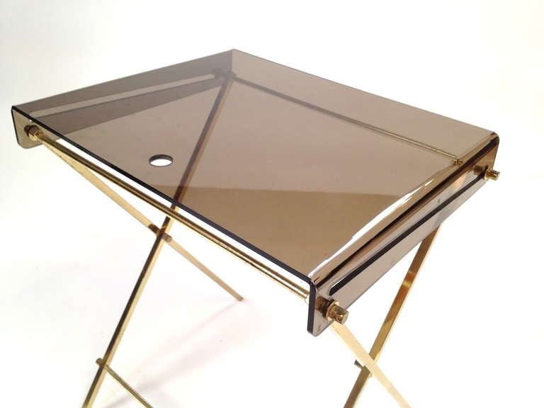 Set 4 Charles Hollis Jones Brass and Smoked Lucite Folding Tray Serving Tables 2