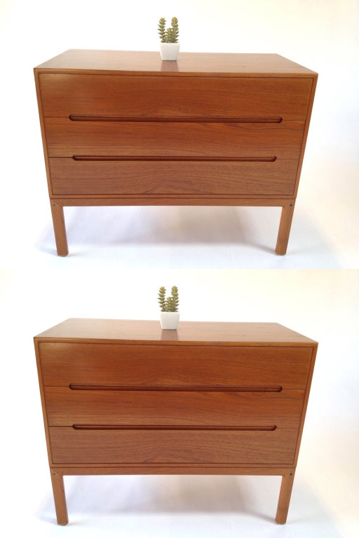 Pair of Danish Modern Teak 3 Drawer Nightstands Commodes
