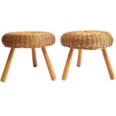 Pair of Vintage Wicker 3 Legged Stools in the Manner of Charlotte Perriand