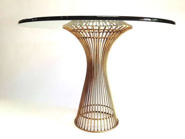 Gold colored Platner Style Dining or Cafe Table Base.  Glass Top is not included.  I have pictured it with a Dining Table Top as well as with a smaller Cafe Table top.  Measurements are for Base only.  