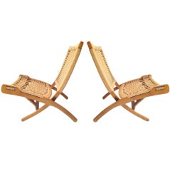 Pair of Hans Wegner Style Rope Seat Folding Lounge Chairs