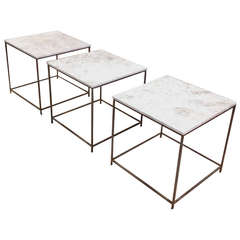 Set of Three Architectural Solid Bronze Cube Side Tables with Marble Tops