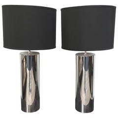 Wonderful Pair of Vintage Chrome Cylinder Table Lamps