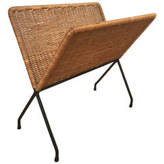 Vintage Mid-Century Iron and Wicker Magazine Rack