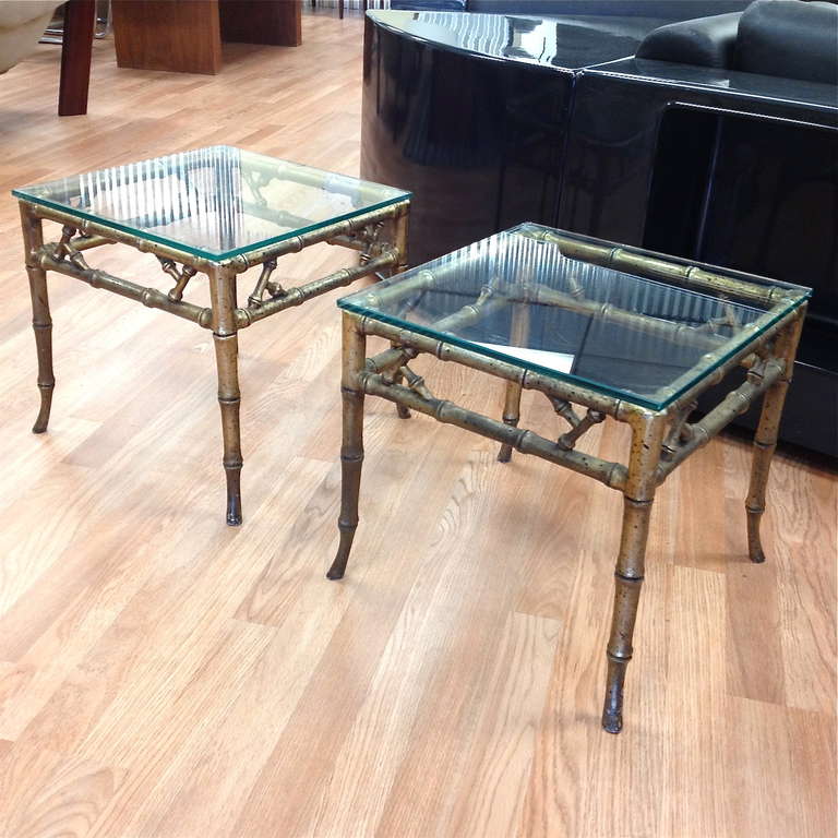 American Pair of Solid Cast Aluminum Faux Bamboo Klismos Lamp End Tables